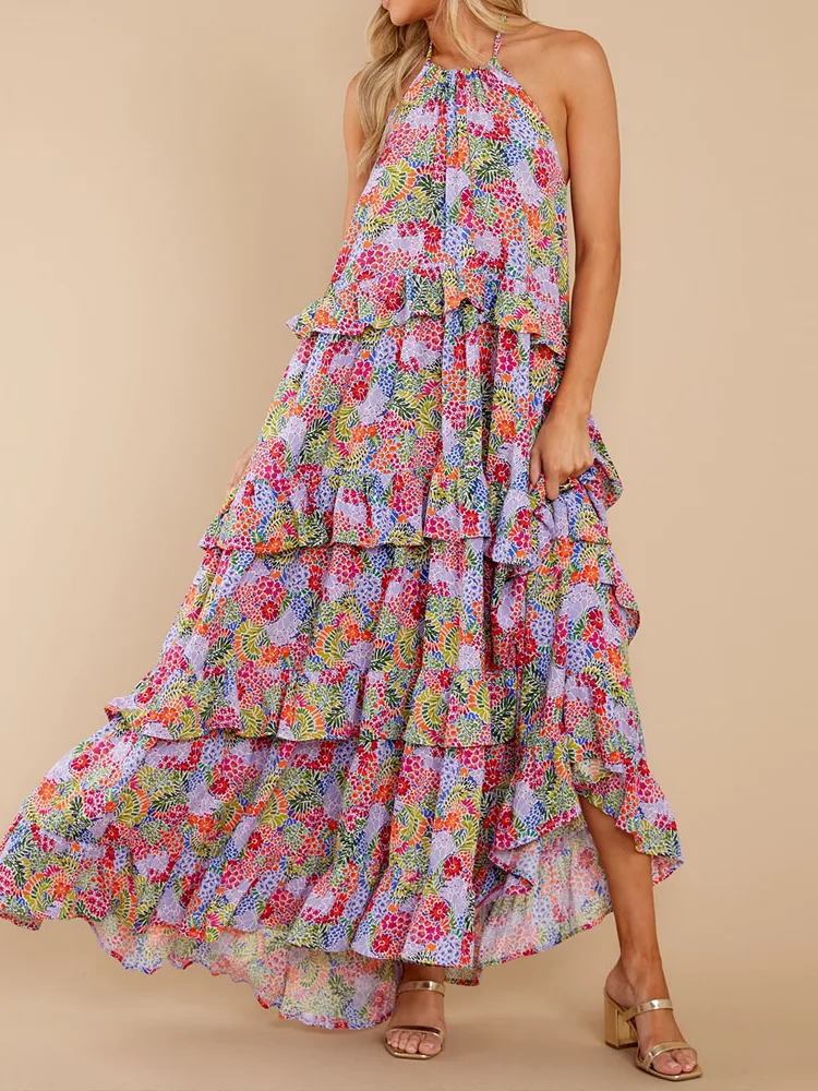 Women Elegant Floral Print Cotton Maxi Dress