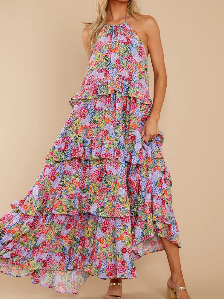 Women Elegant Floral Print Cotton Maxi Dress